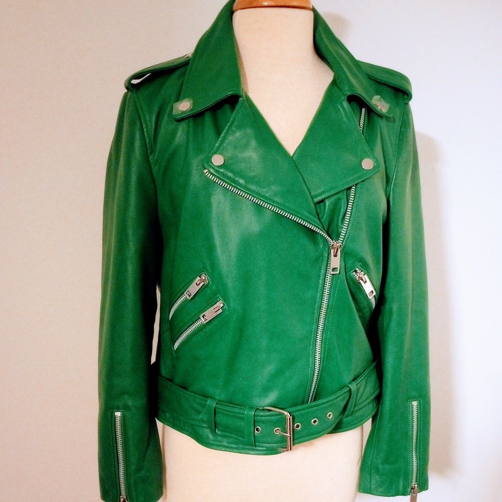 NWT Walter Baker Allison Leather Biker Moto Jacket Green Clover Large